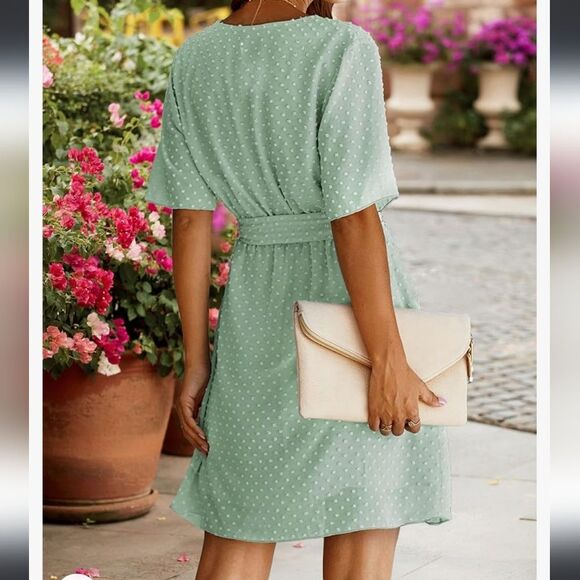 Ecowish v-neck swiss dots ruffle chiffon short sleeve fully lined dress size L - Picture 2 of 8